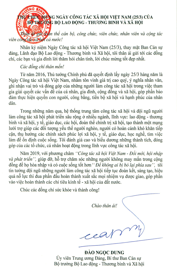 Thư chúc mừng Ngày Công tác xã hội Việt Nam (25/3) của Bộ trưởng Bộ Lao động - Thương binh và Xã hội