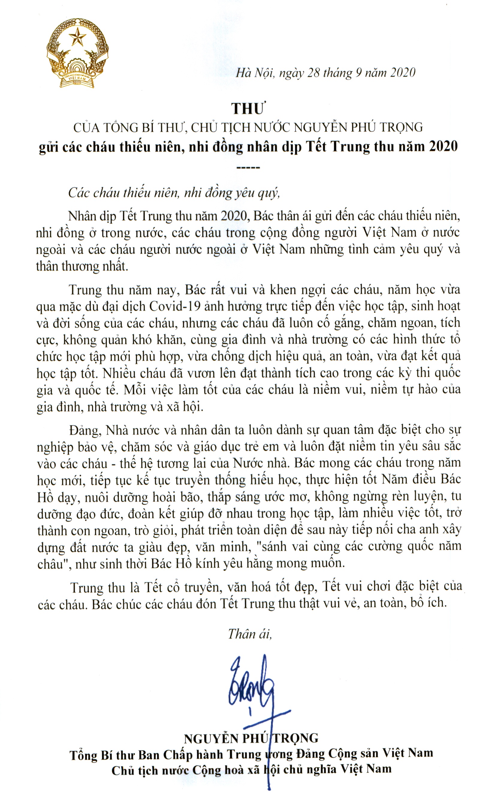 Tổng Bí thư, Chủ tịch nước gửi thư chúc Tết Trung thu